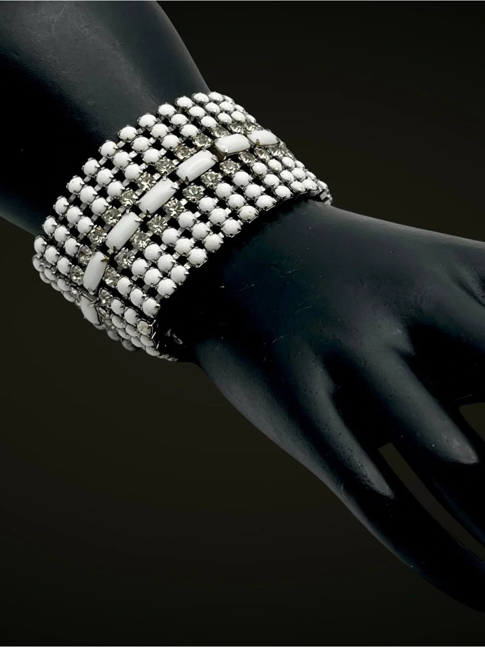 Stunning Vintage MidCentury Milk Glass and Rhinestone Statement Bracelet Estate